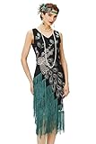 BABEYOND 1920s Vintage Peacock Sequined Dress Gatsby Fringed Flapper Dress Roaring 20s Party Dress, Black with Green Fringe, XX-Large