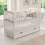 Love For Sleep JACOB Wooden Baby Cot Bed 120x60cm with Large Drawer with Anti-Dust Cover – Convertible Toddler Bed with Included Guard Rail and Teething Rails (White)