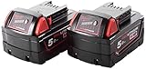 Milwaukee M18B5 18V 5Ah Battery Pack of 2, 18 V, Red