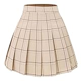 Hoerev Women Girls Short High Waist Pleated Skater Tennis School Skirt,L, Beigestripe - 10