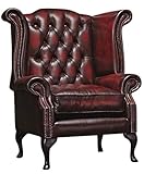 Chesterfield Queen Anne Wingback Chair – 100% Genuine Oxblood Red Leather – Antique Buttoned Armchair with Mahogany Legs – Classic Vintage Lounge Chair