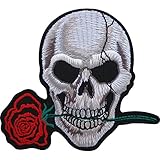 Biker Patch Skull Rose Embroidered Badge Iron On/Sew On Clothes Jacket Jeans