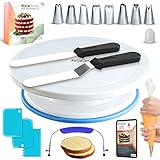 Cake Turntable and Leveler-Rotating Cake Stand with Non Slip Pad-7 Icing Tips and 20 Bags- Straight & Offset Spatula-3 Scraper Set -E Book-Cake Decorating Kit -Baking Tools