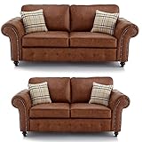 Furnishings For Less UK New Oakland Charcoal Leather Sofa Suite 3 Seater and 2 Seater Chesterfield Vintage Country Design (Sofa Suite (3 Seater + 2 Seater), Tan)