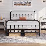 costoffs Metal Bed Frame 4ft6 Double Vintage Iron Platform Bed with High Headboard and Footboard,Black