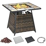 Outsunny Outdoor PE Rattan Gas Fire Pit Table, Square Gas Burner Patio Heater with Fire Control Panel, Slate Desktop, Lid and Lava Rocks, 50,000 BTU, Brown