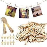 GZCXQ 150 Pcs Photo Clips Pegs, Wooden Pegs with Stainless Steel Springs, Natural, for Photo Wall Display, Craft, Weddings, Parties, Christmas and Halloween Decorations
