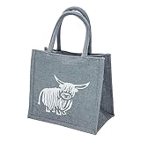 Small Jute Grey Lunch Gift Bag with Highland Cow Print - 24 cm high x 26 cm Wide x 17 cm Depth…