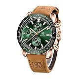BENYAR Men's Watches Quartz Sports Chronograph Fashion Business Luxury Brand Waterproof Watch Analog Date Men's Brown Leather Watch for Men (5140 Gold Green)