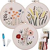 Myfelicity 3 Sets of Beginner Embroidery Kits, Embroidery Starter Kits, Adult Women’s Hobbies, Including Cloth with Floral Patterns, Colored Threads, Needles, Hoops and Instructions