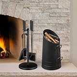 Garden Mile® Vintage Style Fireside Companion Set Fireplace Coal Fire Wood Burner Accessories and Tall Coal Hod Bucket Wood Log Holder Coal Scuttle Kindling Bucket Metal
