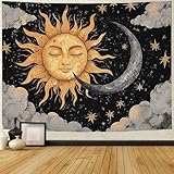 FENDROM Black Tapestry Boho Sun and Moon Psychedelic Tapestry Hippie Clounds Starry Night Vintage Aesthetic Tapestries Wall Hanging for Bedroom Living Room Dorm