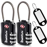 SharkByte Slim TSA Approved Luggage Locks, 3-Dial Security Travel Combination Padlock with Tags, Flexible Cable Wire Travel Lock, Suitcase Locks, Bag, Gym Locker, Small Padlock with Code (Pack of 2)