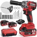 Sundpey 650N·m Cordless Impact Driver - 2-in-1 3200RPM Brushless Electric Impact Gun - 21V 480Ft-lbs Power Impact Wrench with 2 x 4.0Ah Battery & 6 Sockets & 9 Drill Bits & Desktop Charger & Tool Case
