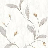 Tiffany Floral Trail Heavyweight Vinyl Wallpaper - Leaves - Silver/Beige/Cream - Belgravia 161