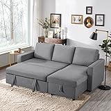 Yaheetech L-Shaped Sofa Bed 3 Seater Couch Pull Out Sectional Couch Bed Convertible Settee Click-Clack Corner Sofa with Storage for Living Room, Office, Light Grey