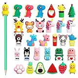 Hioph 30 Pcs Pencil Toppers for Kids-Lovely Silicone Dinosaur Unicorn Rabbit Pen, Toppers Clip, Novelty Children Reward Animal Pencil Cap, Kids Office School Supplies Party Favors (Mixed Style)