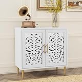Wooden Sideboard Storage Cabinet with 2 Doors, Vintage Hollow Carving Buffet Accent Cabinet, Modern White Sideboards for Living Room, Kitchen, Dining Room, Hallway