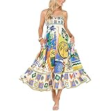 Qianderer Women Cute Print Maxi Cami Dress Loose Sleeveless Spaghetti Strap Boho Dress Flowy Graffiti Beach Long Aline Sun Dress (Yellow, XL)