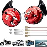 Snail Horn 110DB,Dual Tone Car Horn 2Pcs 110DB Super Loud Train Horn Air Horns 12V Waterproof Double Horn Raging Sound Electric Snail Horn For Car Motorcycle Bikes Truck And Boats (Red)