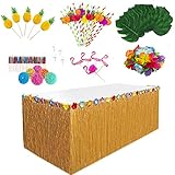 HBell 87pcs Hawaiian Grass Table Skirt Set for Tropical Party Decoration,Palm Leaves Hawaiian Flower Garland Colored Umbrellas Paper Pineapples 3D Fruit Straws,for Summer Beach Tiki Party Garden BBQ
