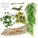 QUOZUO Bearded Dragon Hammock Reptile Hide decor, Leopard Gecko Tank Accessories Reptile Hammock with Jungle Climbing Vines Hanging Plants Artificial Leaves for Chameleon, Lizards, Gecko, Snakes