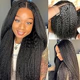 Long Lace Wigs Human Hair Kinky Straight 4x4 Closure Wig 16 Inch 100% Unprocessed Brazilian Virgin Human Hair Wig 150 Density Full and Thick Kinky Yaki Straight Wigs for Black Women