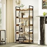 YITAHOME Bookcase 5 Tiers, Floor Standing Book Shelf, Wooden Shelvs and Stable Steel Frame Shelving Units with 4 Hooks Industrial Storage for Living Room, Home Office, Rustic Brown Book Case