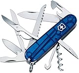Victorinox Huntsman Swiss Army Knife, Medium, Multi Tool, Camping Knife, 15 Functions, Large Blade, Bottle Opener, Blue Transparent