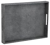 HofferRuffer Rectangle Serving Tray with Hole Handles for Coffee Table, Breakfast, Tea, Food, Butler - Countertop, Kitchen, Vanity Serve Tray, 16.2 x 12.2 x 2 inches, Faux Leather Tray (Dark Grey)