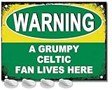 Celtic FC Gifts for Men - or Boys Funny Celtic Football Grumpy Fan Lives Here Metal Sign, Mens Metal Poster for Dads FC Man Cave or Home Bar Signs