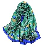 FAIRYGATE Green Silk Scarf Satin Women's Silk Scarves Peacock Scarfs Long Wrap Smooth Sunscreen Shawl for all Season Animal Print Scarf 88005