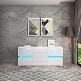 Sideboard Cabinet, High Gloss Front Sideboards Storage Cabinet with LED Light, 4 Drawers and 2 Doors, Display Cupboard for Living Room, TV Unit, Home Furniture 177 * 35 * 72CM White