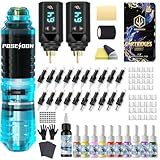 POSEIDON Wireless Rotary Tattoo Machine Kit with 20 Tattoo Cartridge Needles, Ink Set & 2 Rechargeable Batteries | Professional Portable Tattoo Gun for Beginners | Complete Starter Supplies