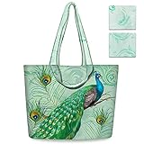 NymphFable 2 Pack Tote Bag Reusable Peacock Green Shopping Bags Washable Foldable Polyester Grocery Bags