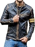 Real Leather Jacket Mens | Cafe Racer Black Leather Motorcycle Jacket | With Distressed Vintage Detail