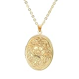 XRCXBLSC Vintage 18K Gold Engraved Flower Empaistic Photo Locket Pendant Necklace, Oval Antique Souvenir Memorial Best Wishes Jewelry for Women, Personalized Photo Flower Locket Pendant Gold