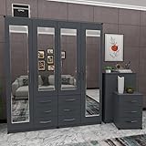 Ready Assembled Bedroom Furniture, 4-Door Mirrored Wardrobe Set with 5-Drawer Chest and Bedside Table, 156 cm (Grey)