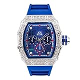 Men's Luxury Diamond Watch,Tonneau Shape Case with Chronograph Display and Full Iced Bezel,Adjustable Silicone Band Strap,Quartz Movement,14k Gold Tone, mens-standard, Quartz Movement