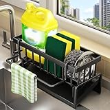 MIHURO Stainless Steel Sink Organiser with Self-Draining Drain Tray, Multifunctional Kitchen Sink Caddy for Sponge Dish Cloth Kitchen and Bathroom (Black)