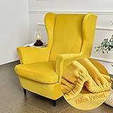 Highdi Wingback Chair Covers 2 Piece Stretch Wing Chair Slipcover, Fashion Solid color Velvet Strandmon Sofa Cover Furniture Protector for Armchair Chairs Living Room Bedroom Hotel (Turmeric)