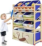 Dripex Kids Toy Storage Units, 4 Tier Children's Toy Organiser Shelf with 8 Removable Fabric Bins Boxes, Wooden Organiser Rack for Nursery Playroom 64 x 28 x 81cm