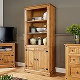 Home Source Corona Pine Bookcase 2 Door Display Cupboard 3 Book Shelves Distressed Wax Pine