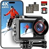 syndesmos Action Camera 4K 60FPS, 40M Ultra HD Underwater Camera, 30MP EIS Anti-Shake WiFi Action Cam with Dual Touch Screen, 64GB Card, Remote Control, Waterproof Case and Mounting Accessories Kit