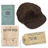 ihoot World War Two Evacuee Memorabilia Bundle | 1940s Fancy Dress, WW2 Costumes for Kids, Evacuee Costume Boys - Includes Replica Identity Card, Ration Book, Evacuee Tag and Flat Cap