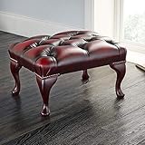 Handmade Chesterfield Footstool – Antique Oxblood Red – Genuine Leather with Queen Anne Mahogany Legs – Large Luxury Upholstered Footstool – British Classic Design