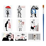 FINGERINSPIRE 9Pcs Banksy Characters Stencil 21x29.7cm Chimpanzees Painting Stencils with Bamboo Brush Umbrella Rain Girl Drawing Large Stencils Helicopter Templates for Fabric Tiles Furniture