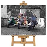 Three Scooters Vespa Mods Classic British Canvas Wall Art Picture Print Ready To Hang Stretched Over A Frame - 36 x 24 inch / 91 x 61 cm