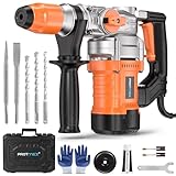 Protmex Hammer Drill - 1500W SDS Plus Heavy Duty Rotary Hammer Drills | 3 in 1 Function (Drill/Hammer/Chisel) 1-1/4" Concrete Drills with 5pcs Bits for Brick Walls, Concrete, Construction