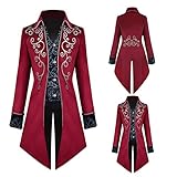 TTOKGZG Steampunk Vintage Tailcoat Coat Men, Medieval Gothic Velvet Embroidery Tailcoat Jacket, Victorian Frock Uniform for Steampunk-Themed & Dancing Party, Halloween（Red，4XL）